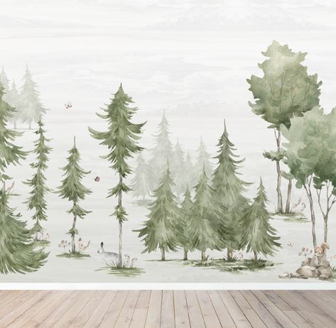 Wood Wallpaper Bedroom, Woodland Mural, Childrens Bedroom Wallpaper, Calligraphy Branding, Woodland Illustration, Kindergarten Wallpaper, Woodland Wallpaper, Scene Wallpaper, Baby Wallpaper