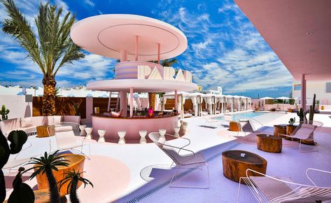 Paradiso Art Hotel, Ibiza, Spain | Madrid-based Italian studio Ilmiodesign has transformed a previously functional 16-year-old block of holiday apartments, in Ibiza’s San Antonio district, into an art deco-style building that now houses the new Paradiso Ibiza Art Hotel. Recalling a kitsch and colourful 1970s Miami, the firm incorporated cantilevers, curve-edged balconies and vertical fins into the building’s façade, which is now washed in a showy pink #pink #design #ibiza #hotel #design Ibiza Art, Concept Hotel, Estilo Kitsch, Kaufmann House, Art Deco Hotel, Miami Art Deco, Art Hotel, Hotel Concept, Ibiza Spain