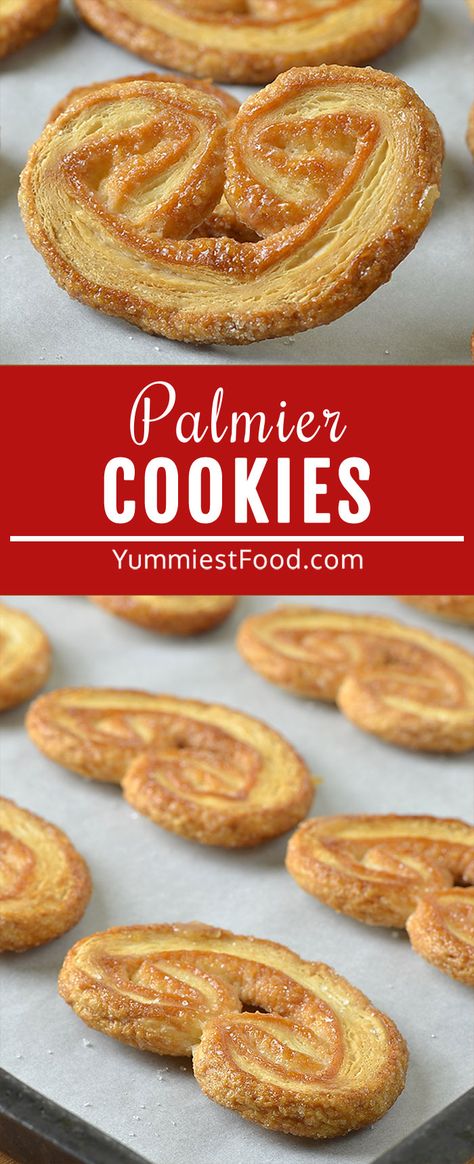 Palmier Cookies are light and flaky Puff Pastry dessert coated with sugar and baked until golden crispy creating! So delicious with only 2 ingredients! Palmier Cookies Recipe, Palmers Cookies, Palmer Cookies, Sugar Cookie Glaze, Puff Pastry Dessert, Palmiers Recipe, Palmier Cookies, Yummiest Food, Puffed Pastry