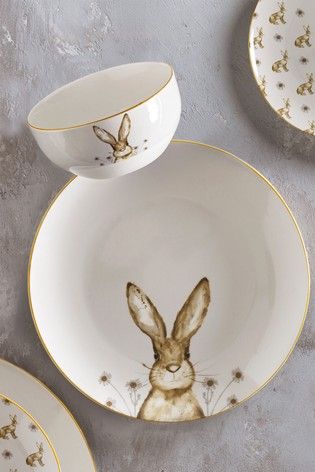 NEXT Harley Hare £35 12 piece set Easter Kitchen, Rabbit Plate, Pet Hotel, 강아지 그림, Pottery Painting Designs, Rabbit Decor, Coaster Holder, Bunny Designs, Side Plate