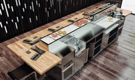 Japanese Teppanyaki Restaurant Design, Japanese Sushi Restaurant Design, Sushi Kitchen Design, Sushi Counter Design, Sushi Restaurant Interior, Sushi Restaurant Design, Restaurant Kitchen Layout, Ninja Sushi, Sushi Bar Design