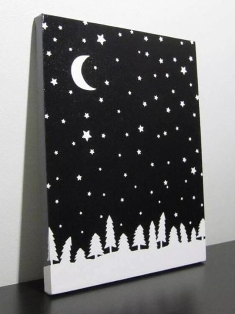 abstract painting with black background Paintings Simple, Tree Moon, Paint Easy, Simple Canvas Paintings, Easy Canvas Painting, Paper Tree, Canvas Painting Diy, Christmas Canvas, Simple Acrylic Paintings