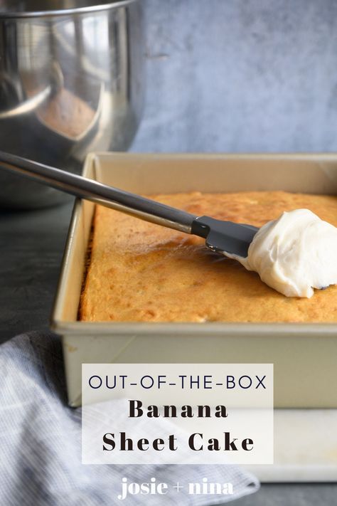 Banana Sheet Cake is the perfect snack, breakfast or coffee partner. Whether topped with cream cheese frosting or sprinkled with powdered sugar, Banana Sheet Cake is an easy dessert that is a boxed cake mix hack. Box Mix Banana Cake, Boxed Banana Cake, Banana Cake From Cake Mix Recipe, Cake Mix And Bananas Recipes, Banana Pudding Sheet Cake, Banana Cake With Cake Mix White, Banana Yellow Cake Mix Recipe, Banana Cake From Box Cake, Banana Cake Using Box Cake