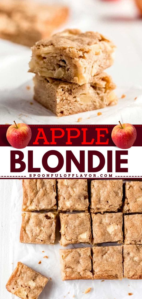 Here's an easy holiday baking recipe to try! These Apple Blondies are baked with brown sugar, cinnamon, and chopped apples. This easy-to-make sweet treat makes the best Christmas dessert recipe. Save this pin! Apple Brownies All Recipes, Old Apple Recipes, Banana Apple Dessert, Yummy Apple Desserts, Make Ahead Apple Desserts, Applesauce Dessert Recipes, Quick And Easy Brownie Recipe, Pink Lady Apple Recipes, Apple Dessert Recipes With Fresh Apples