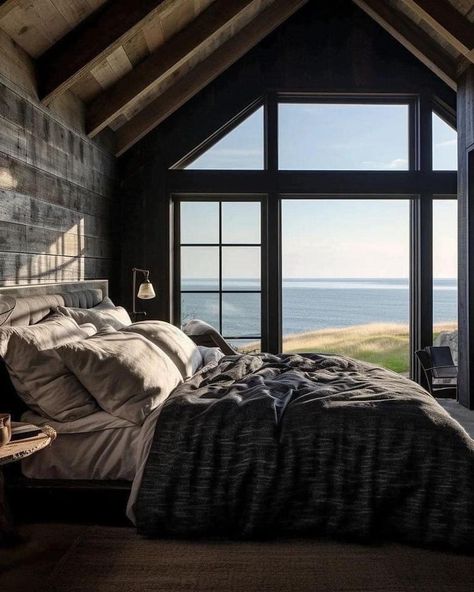 Black Coastal Bedroom, Dark Beach House, Black Coastal, Dark Beach, Coastal Bedroom, Coastal Homes, Beach House, Cottage, Room Decor