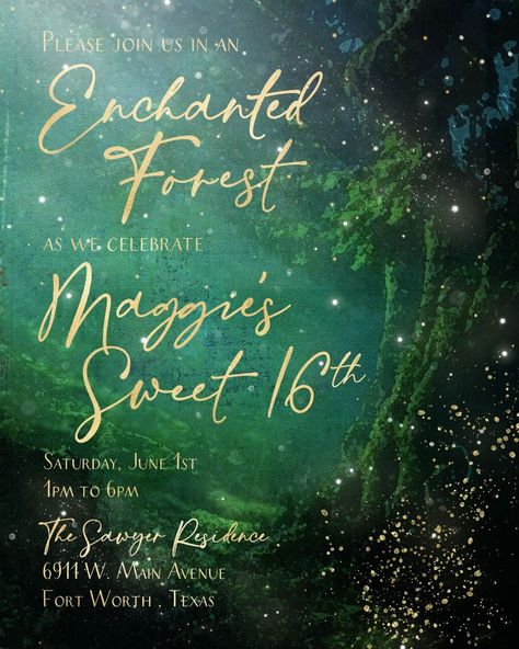 Sweet 16 Enchanted Forest Theme Invitations, Enchanted Forest Sweet 16 Invitations, Prom Theme Ideas High School, Vegas Prom, Ethereal Fairy, Enchanted Forest Theme, Prom Themes, Watercolor Forest, 21st Birthday Invitations