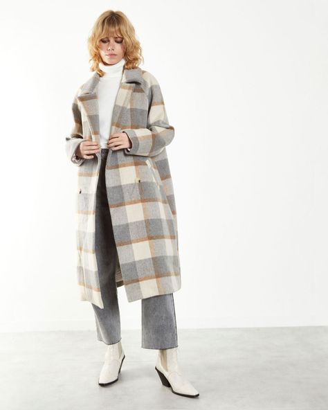 Check Coat - Grey/Cream by Glamorous - coat - ban.do Travel Coat, Plaid Trench Coat, Oversized Trench Coat, Check Coat, Autumn Wardrobe, Black Blouse Long Sleeve, Pocket Cardigan, Sleeveless Cardigan, Chunky Knit Cardigan