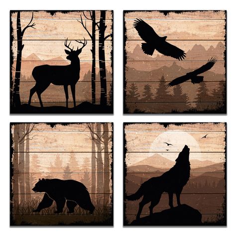 PRICES MAY VARY. Mountain Wall Art Size : Embrace a set of four 12x12 inch (30x30 cm) animal canvas prints, each featuring our captivating design, perfect for amplifying the rustic ambiance. Cabin Wall Decor : Woodland decor crafted to perfection, our prints adorn quality canvas stretched over a sturdy pine frame, ensuring a durable and lasting decor piece. Animal Canvas Wall Art Effortless Hanging : Each mountain wall decor boasts a convenient hook on the back, making installation a breeze. Ele Deer Room Decor, Woodsy Living Room Decor, Woodsy Decor Rustic, Wood Burned Wall Art, Rustic Cabin Decor Ideas, Lodge Home Decor, Pallet Wood Wall Art, Cabin Home Decor, Lumber Jack