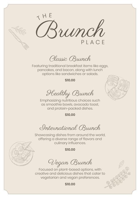 Elegant Vintage The Brunch Place Menu Brunch Menu Design, Egg Logo, Menu Maker, Presentation Maker, Brunch Places, Traditional Breakfast, Healthy Brunch, Vegan Brunch, Female Chef