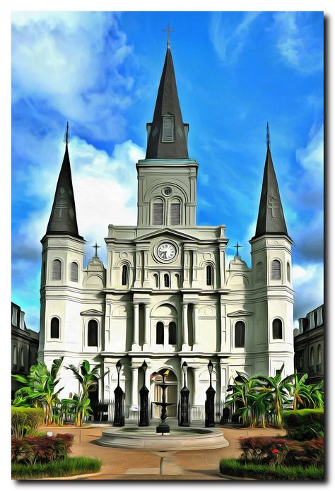 Cathedral At Jackson Square New Orleans Cotton Canvas Digital Paint Print All prints are produced with a SMALL WHITE BORDER for framing purposes Different sizes are available.  Printed on 260 g.s.m Matte Cotton Canvas, using archival fade resistant inks. All our prints are produced on demand and are carefully checked before dispatch to ensure that our customers receive their print in pristine condition. Orders are produced and sent out Mon-Fri, with 24 hours dispatch time, direct from Nevada. Prints are rolled with protective poly plastic, and shipped in a very durable carboard tube for protection. Jackson Square New Orleans, Square Canvas Art, Boulder City, Jackson Square, Brush Art, Paint Brush Art, Willow Creek, Square Canvas, Paint Print