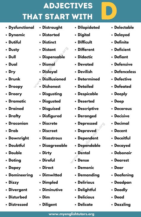 Adjectives that Start with D: Top 110+ Comm Adjectives Starting with D Words That Start With D, Adjective Words, English Adjectives, Good Vocabulary Words, Good Vocabulary, English Writing Skills, Words To Use, Spelling Words, Journal Writing Prompts