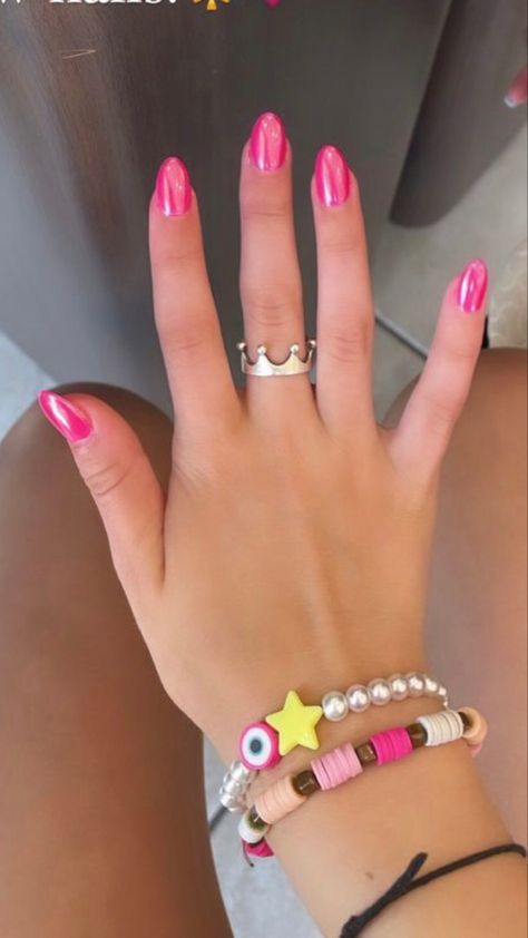 Hot Pink And White Gel Nails, Hoco Nails To Go With Pink Dress, Hot Pink Nails With Chrome, Pink Hoco Nails, Hot Pink Chrome Nails, Hot Pink Chrome, Hoco Nails, White Gel Nails, Pink Halo