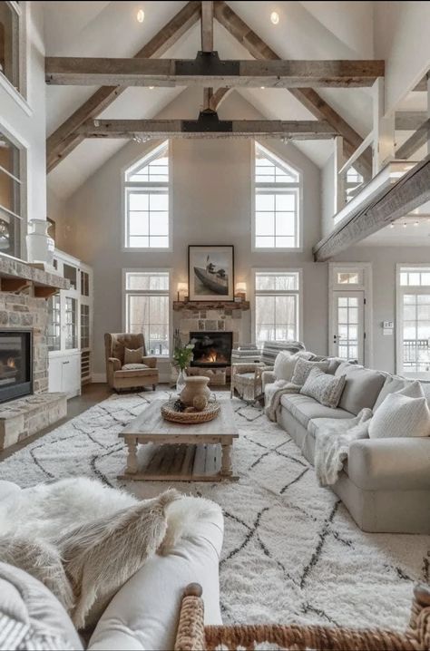 Farm Home Inspiration, Cute Houses Aesthetic Inside, White House Interior Modern Living Room, Cute Houses Inside, Chic House Aesthetic, Farmhouse Living Room High Ceilings, Modern House Style Interiors, Farmhouse Mom Aesthetic, Rustic Modern Farmhouse Interior