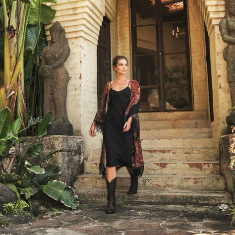 Layer up in style with our Black Slip Dress and Seraphina Kimono. Meticulously hand-drawn to evoke a sense of timeless elegance and romantic charm. The ultimate duo. #hanathelabel #slipdress #kimono Slip Dress Boho Outfit, Dress And Kimono Outfit, Dress Boho Outfit, Kimono Outfit, Boho Outfit, Black Slip Dress, Dress Boho, Guest Outfit, Wedding Guest Outfit