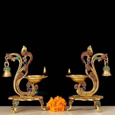 Brass Diyas, Home Decor Traditional, Diya Lamp, Lotus Lamp, Traditional Lamps, Lamp Stand, Pooja Room Design, Hanging Bell, Brass Bells