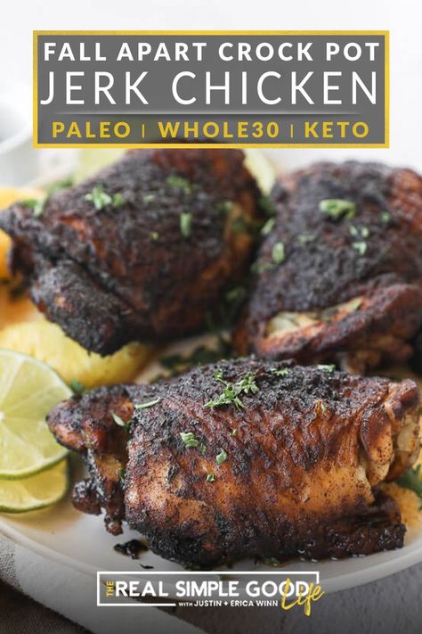 Jerk Chicken Crockpot, Authentic Jerk Chicken, Fall Off The Bone Chicken, Easy Jerk Chicken Recipe, Slow Cooker Jerk Chicken, Beans In Crockpot, Jerk Chicken Recipe, Slow Cooker Chicken Thighs, Jamaican Jerk Seasoning