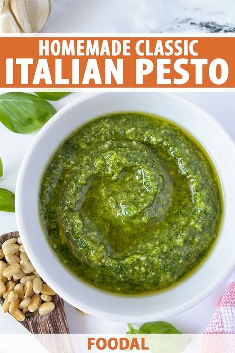 For a spreadable condiment that pairs with pretty much everything, try this Italian pesto. Its sharp flavor comes from fresh garlic and parmesan, while basil lends sweetness and a vibrant hue. The sauce owes its velvety texture to fruity olive oil added in a slow stream. Get the recipe now. #pesto #basilrecipes #foodal Italian Pesto, Pesto Dishes, Pesto Sauce Recipe, Toasted Pine Nuts, Pesto Recipe, Recipe From Scratch, Pesto Sauce, Food Pairings, The Sauce