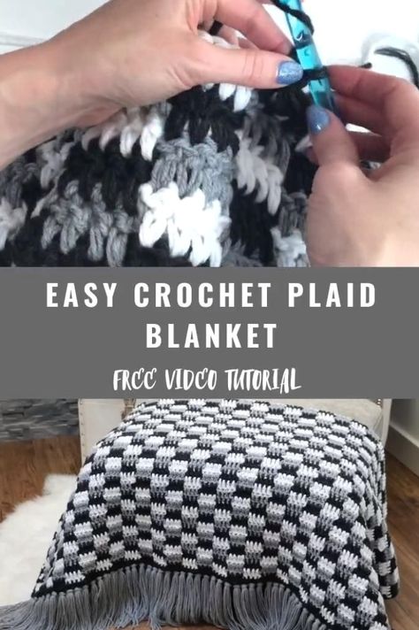 Easy way to crochet a plaid blanket without carrying the yarn. Watch step by step video tutorial on YouTube. Crochet rustic farmhouse plaid throw blanket. #crochettips #knittingideas #crochet Crochet Plaid Blanket, Pola Kupluk, Crochet Plaid, Zig Zag Crochet, Blankets Crochet, Plaid Crochet, Beginners Crochet, Crochet Throw Blanket, Crochet Stitches Video