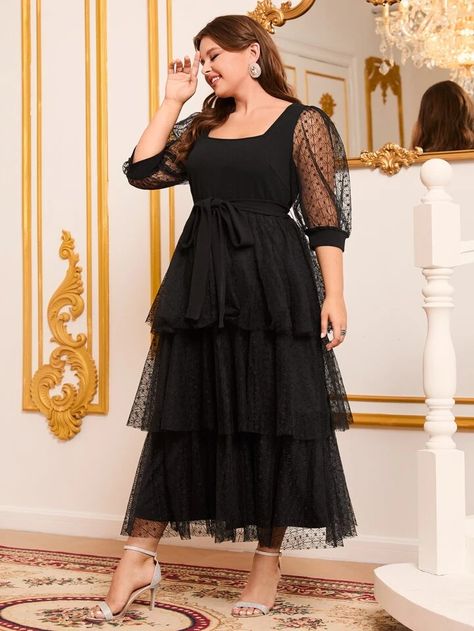 SHEIN Privé Plus Contrast Mesh Puff Sleeve Layered Hem Belted Dress | SHEIN USA Bride Lingerie, Colorful Dresses Formal, Azazie Bridesmaid Dresses, Davids Bridal Dresses, Pink Gowns, Plus Size Maxi Dresses, Chiffon Bridesmaid, Dress Plus Size, Formal Evening Dresses