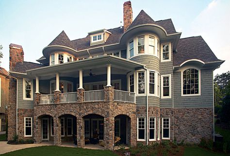 two story house plan with walkout basement | Plenty Of Designs For Sloping Lot | The House Designers Blog Turret House, Shingle Style Homes, Basement House, House Plans And More, Craftsman Style House Plans, Craftsman House Plan, Luxury Homes Dream Houses, Craftsman House, Dream House Plans