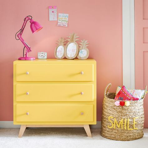 Yellow 3-Drawer Chest of Drawers Compatible with Changing Board Sweet 2 | Maisons du Monde Yellow Kids Bedroom, Yellow Chest Of Drawers, Yellow Painted Furniture, Yellow Kids Rooms, Vintage Baby Girl Nursery, Yellow Bedroom Decor, Yellow Furniture, Craft Room Decor, Yellow Bedroom