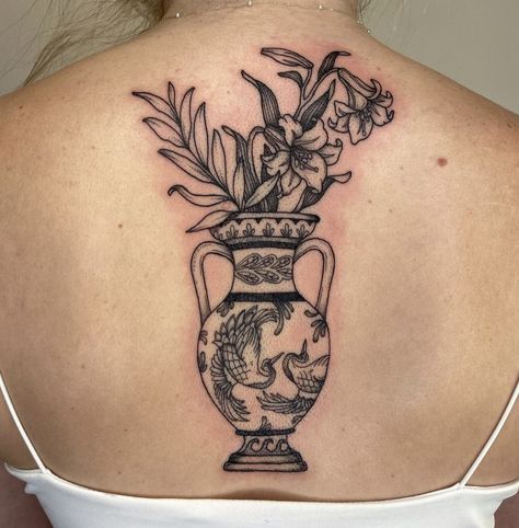 Custom Vase, Vase Tattoo, Floral Back Tattoos, Hipster Tattoo, Bouquet Tattoo, Greek Tattoos, Stylist Tattoos, Tattoo Portfolio, Line Art Tattoos