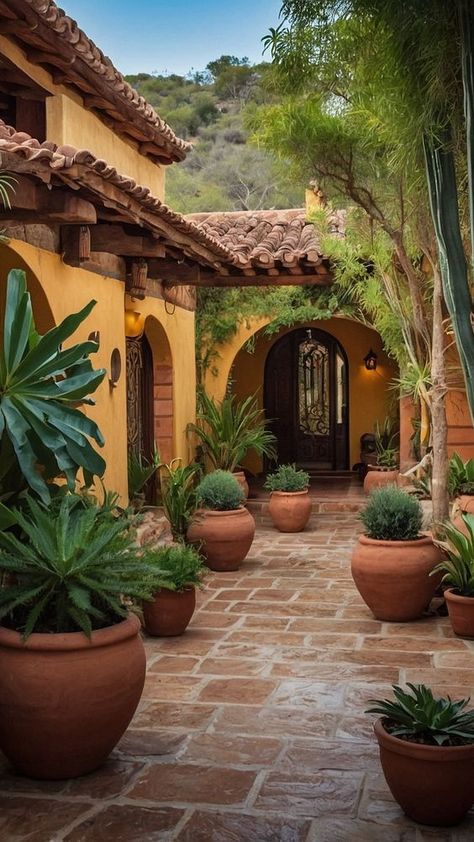 Discover stunning hacienda style house ideas for designing a Mexican exterior. Embrace the essence of Mexican design, decor, and modern aesthetics, tailored to small interior spaces. Explore the art of designing a Mexican-inspired home with a touch of elegance and charm. Mexican Hacienda Interior, Colonial Mexican House, Hacienda Style Homes Mexican Exterior, Mexican Garden Hacienda Style, Southwest Home Exterior, Mexican House Aesthetic, Mexican Modernism Interior, Hacienda Style House, Mexican House Exterior