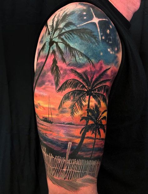 Beach Inspired Tattoos, Beach Tattoo Ideas, Tattoos Leg, Tattoos Finger, Tropical Tattoo, Hawaii Tattoos, Island Tattoo, Scene Tattoo, Tattoos Traditional