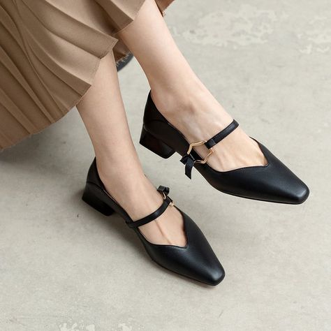 Luxury Chic Low Heel Mary Janes, Luxury Square Toe Mary Janes In Elegant Style, Modern Square Toe Mary Janes, Luxury Elegant Square Toe Mary Janes, Chic Leather-sole Closed Toe Mary Janes, Chico Shoes, Dressy Flats, Half Shoes, Womens Low Heels