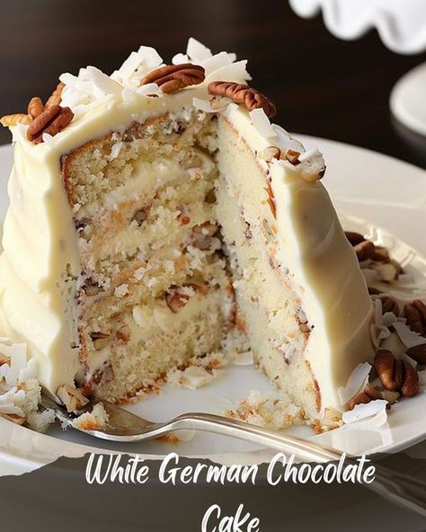 Fast Recipes Vista | White German Chocolate Cake | Facebook White German Chocolate Cake Recipe, White German Chocolate Cake, Moist White Cake, German Chocolate Cake Recipe, Coconut Pecan Frosting, Coconut Pecan, Chocolate Cake Decoration, Fast Recipes, Chocolate Wedding Cake