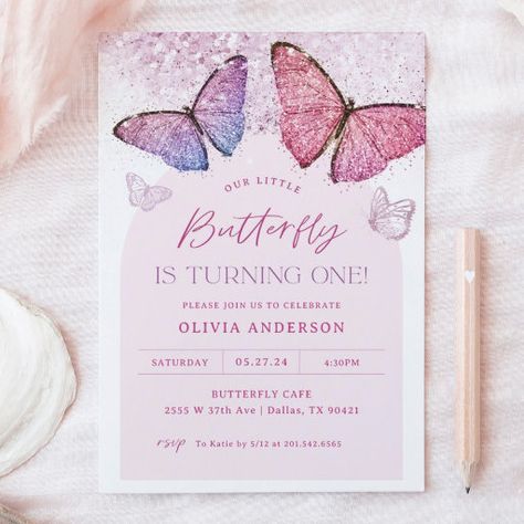 Birthday Invitations Butterfly, 1st Birthday Butterfly, Pink Birthday Invitations, Birthday Invitations Pink, Pink Purple Butterfly, Butterfly 1st Birthday, Girl Birthday Invitations, Birthday Butterfly, Butterfly Invitations