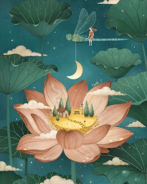 Noelle.T on Instagram: “'Tale of A Lotus' 🌙✨ . . . . . . #lotus #artwork #flower #art #illustration #illustrationartists #painting #illustgram #illustrator…” Ocean Creatures Art, Lotus Artwork, Chinese Folk Art, Moon Fairy, Flower Moon, Lotus Art, Pop Art Wallpaper, Digital Art Illustration, Hippie Art