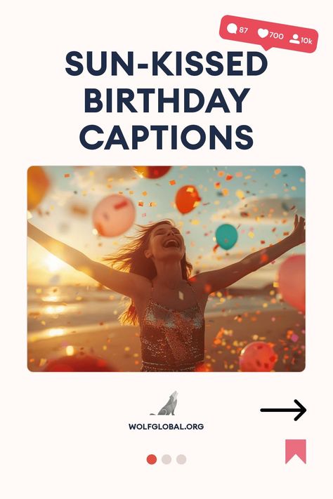 An exuberant woman with arms raised amidst confetti and balloons with "Sun-Kissed Birthday Captions" text overlay.
Inspirational birthday checklist with sunny themes and a 'Get 100+ more' button.
Promotional image featuring a woman with a laptop, advertising an Instagram engagement pod. Got Birthday, Birthday Pics, Birthday Captions, B Day, Sun Kissed, Double Tap, Instagram Captions, Glow Up?, In A Heartbeat