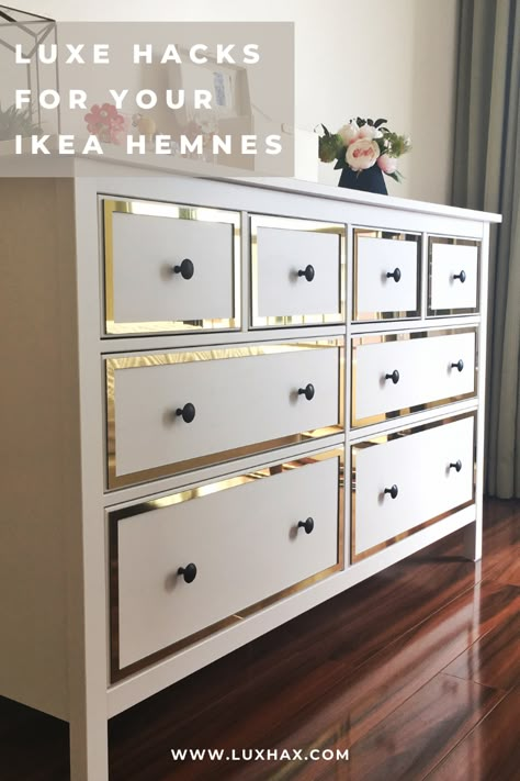 Love the traditional look of Ikea Hemnes but want to add some of luxury touches? Lux Hax Styl-Panels are the simple and affordable way to makeover your Ikea furniture turning it from flat pack furniture to forever furniture. It's one of the easiest DIY projects you'll ever do! Follow the link to see the variety of Styl-Panels that suit Ikea Hemnes. #ikeahack #ikea #ikeahemnes #mirroredfurniture #furnituremakeover #hamptonsstyle #diydecor #diy #diyideas #homedecor #diyproject #home #homeideas Hemnes Ikea, Ikea Dresser Makeover, Ikea Hemnes Dresser, Hemnes Dresser, Furniture Overlays, Furniture Upcycling, Ikea Dresser, Ikea Furniture Hacks, Ikea Hemnes