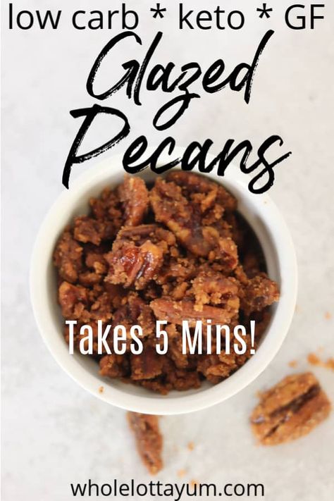 Easy keto candied pecans cook up in 5 minutes and are perfect as an easy keto sweet snack, on salads, on ice cream, or as a midnight snack too. #keto #ketorecipes #lowcarb Keto Candied Pecans, Keto Sweet Snacks, Low Carb Holiday Desserts, Whole Lotta Yum, Low Carb Snacks Sweet, Low Carb Holiday, Glazed Pecans, Keto Holiday, Keto Candy