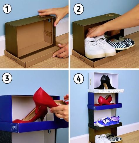 Cardboard Box Shoe Rack, Ideas Para Organizar Zapatos, Diy Shoes Storage, Small Shoe Storage, Recycle Organization, Diy Shoe Rack Ideas, Shoe Box Crafts, Shoe Box Storage, Diy Shoe Storage