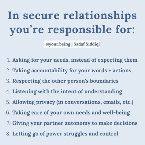 You always have rights in relationships, but I notice that sometimes people forget they also have responsibilities.  If you’re struggling in your relationship, I recommend assessing these 8 areas to see where you can make adjustments (and share this with your partner so you can do it together 🙃)  #nervoussystem #relationshipgoals #selfgrowthjourney #healingjourney #secureattachment #growth #marriageadvice #selfawareness # #yourbeing #sadafsiddiqi #secureattachment #relationships Secure Relationship, Godly Dating, Sometimes People, Relationship Psychology, Secure Attachment, Healthy Relationship, Personal Power, Healthy Relationship Advice, Human Mind