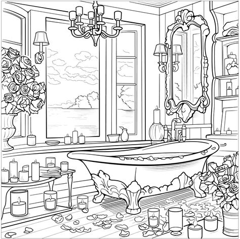 Bathroom Coloring Pages, Adult Coloring Books Printables, Bathroom Decor Colors, Barbie Coloring Pages, Designs Coloring Books, Bear Coloring Pages, Interior Design Sketches, Detailed Coloring Pages, Creative Drawing Prompts