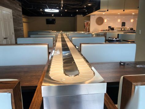 Sushi Train | Conveyer Belt Sushi Restaurant | Nicollet Mall MPL Conveyer Belt Sushi, Sushi Conveyor Belt Restaurant, Conveyer Belt, Sushi Train, Sushi Belt, Terace Design, Sushi Restaurant, Revolving Sushi Bar, Revolving Sushi