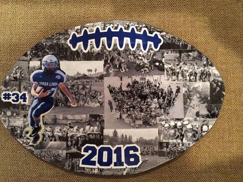 Super easy super cheap football plaque. DIY Football Team gift. End of season banquet decorations. Action shots. Football Plaque Ideas, Football Gifts For Players Diy, End Of Year Banquet Ideas, Football Senior Serve Table Ideas, Senior Baskets Gift Ideas Football, Football Team End Of Season Gifts, Football Game Gifts, Coaches Gift Ideas Football, End Of Year Football Party Ideas