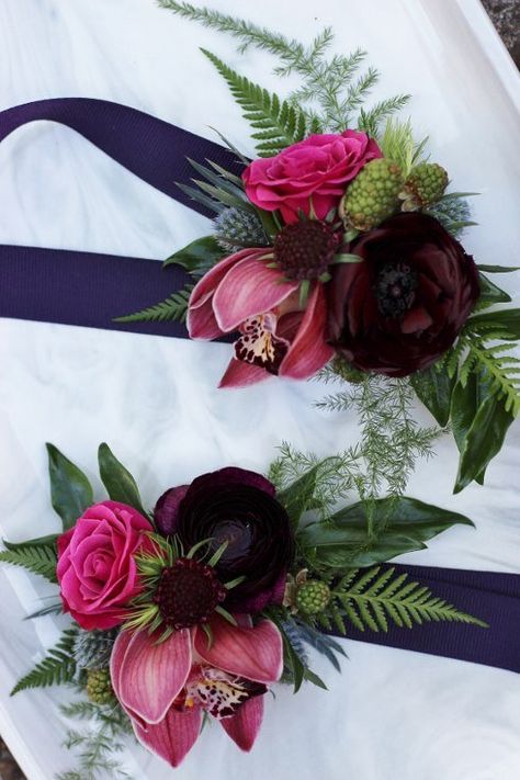 Jewel Tone Corsage, Jewel Tone Wrist Corsage, Plum Corsage, Hot Pink Wrist Corsage, Hot Pink Wrist Corsage Prom, Corsage Hoco, Hot Pink Corsage, Homecoming Bouquet Ideas, Hot Pink Corsage And Boutonniere