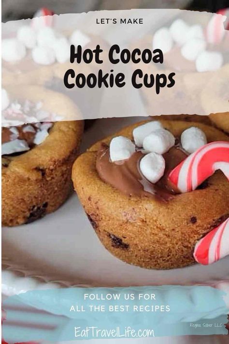 mini cookies with kisses and mini marshmallows or candy cane bits on top with a candy cane hook for a handle Hot Chocolate Cookie Cups Recipe, Hot Chocolate Cookie Cups, Chocolate Cookie Cups, Hot Chocolate Cookie, Hot Chocolate Cookie Recipes, Hot Chocolate Cookies Cups, Cookie Cups Recipe, Quick Cookies, Hot Cocoa Cookies