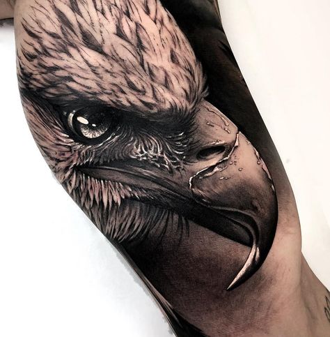 Beautiful Eagle done on guy's bicep in black and grey. Bird Tattoo Neck, Eagle Head Tattoo, Bald Eagle Tattoos, Traditional Eagle Tattoo, Adler Tattoo, Patriotic Tattoos, Head Tattoo, Eagle Tattoos, Incredible Tattoos