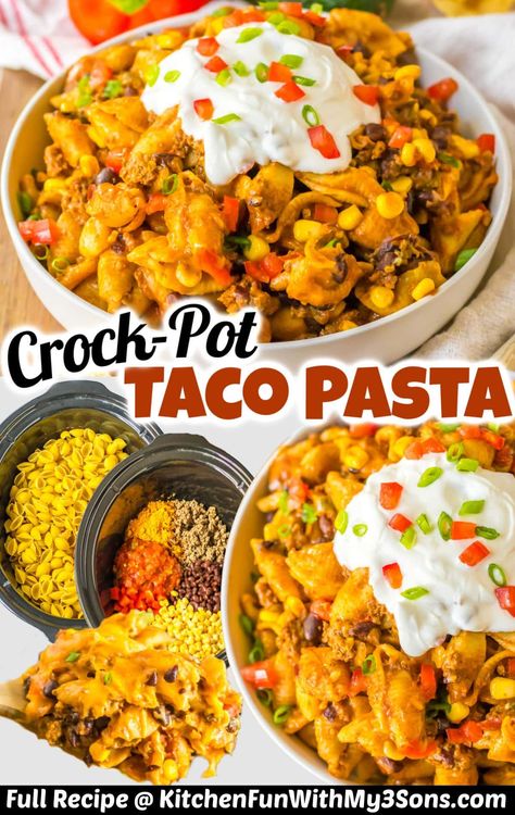 Easy Crockpot Recipes Taco Pasta, Kitchen Fun With My Three Sons, Crock Pot Taco Pasta, Crockpot Taco Pasta, Crockpot Mexican Lasagna, Cheesy Taco Pasta, Crockpot Taco, Taco Pasta Recipes, Crockpot Meatballs