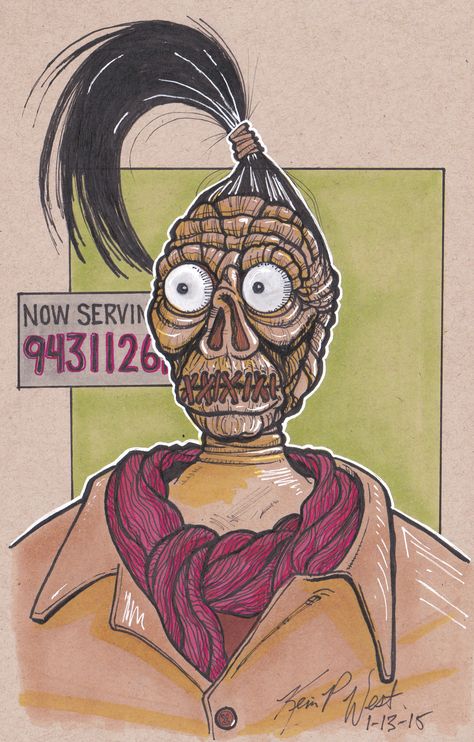 Shrunken Head Dude from the movie "Beetlejuice". Copic markers on toned bristol board. Beetlejuice Shrunken Head Tattoo, Beetle Juice Shrunken Head, Shrunken Head Drawing, Beetlejuice Drawing Easy, Beetlejuice Drawings, Beetlejuice Shrunken Head, Beetlejuice Waiting Room, Shrunken Head Tattoo, Beetlejuice Drawing