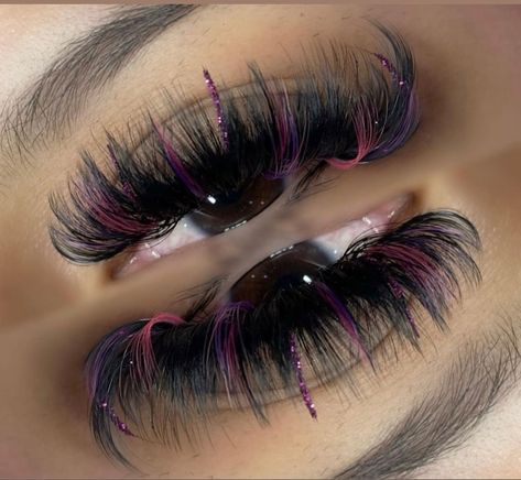 Colored Spikes Lashes, Pretty Lash Extensions Color, Pink Lash Extensions Styles, Pink Glitter Lash Extensions, Valentine Eyelash Extensions, Lashes With Rhinestones, Fun Lash Extensions, Lash Sets With Color, Lashes With Pink In Them