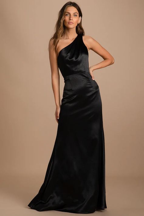 Black Satin Bridesmaid Dress, Black Tie Event Dresses, The Guest List, Glam Dress, One Shoulder Bridesmaid Dresses, One Shoulder Bridesmaid, Black Tie Wedding Guests, Full Maxi Skirt, Black Bridesmaids