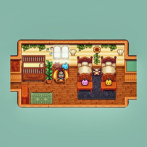 Stardew valley game children's bedroom. Two beds and a crib, yellow wallpaper and a bunch of junimo plushies. Nursery Stardew Valley, Sdv Nursery, Stardew Nursery Design, Stardew Valley Nursery Ideas, Stardew Valley House Interior Simple, Stardew Nursery, Stardew Kids Room, Stardew Valley Nursery, Stardew Valley Bedroom Ideas