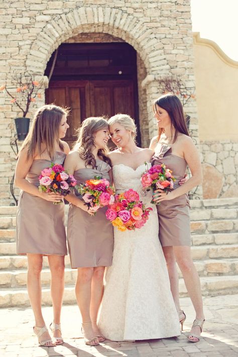 bridesmaid dresses. flowers. bridesmaid dresses. Tan Bridesmaids, Neutral Wedding Inspiration, Bright Bouquet, Neutral Bridesmaid Dresses, Neutral Dresses, Taupe Dress, Champagne Bridesmaid Dresses, Champagne Bridesmaid, Bridesmaid Colors