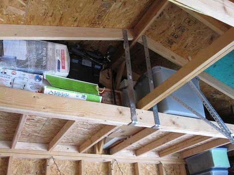 Ram Cave Garage Design Ideas Rafter Storage, Garage Attic Storage, Storage Ideas For Garage, Garage Design Ideas, Pallet Deck Diy, Ideas For Garage, Easy Garage Storage, Garage Ceiling Storage, Garage Construction